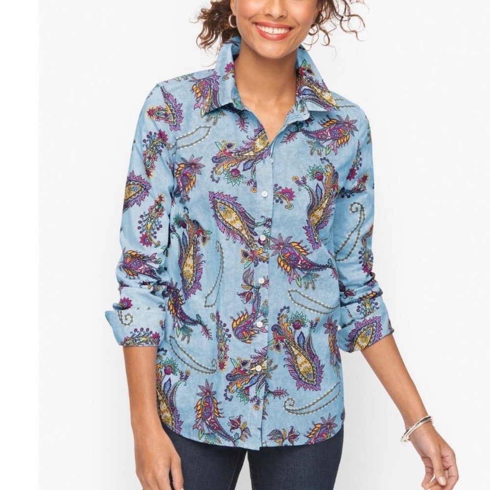 Talbots Blue Swirly Paisley Cotton Button Front Shirt Size 2X Office Teacher
